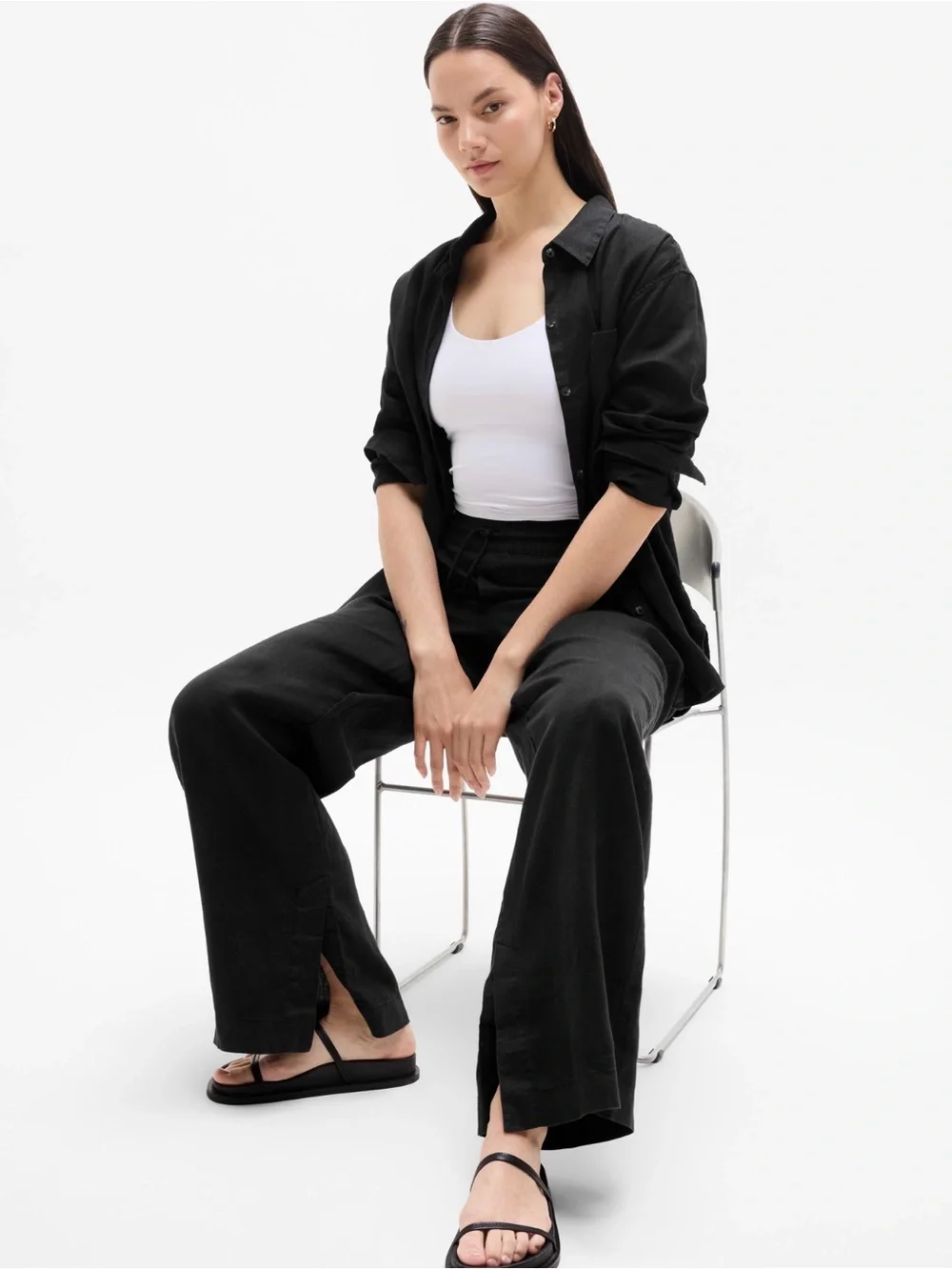 NWT Athleta Black Wide Leg Linen Drawstring Pants with Front Slits (Large)